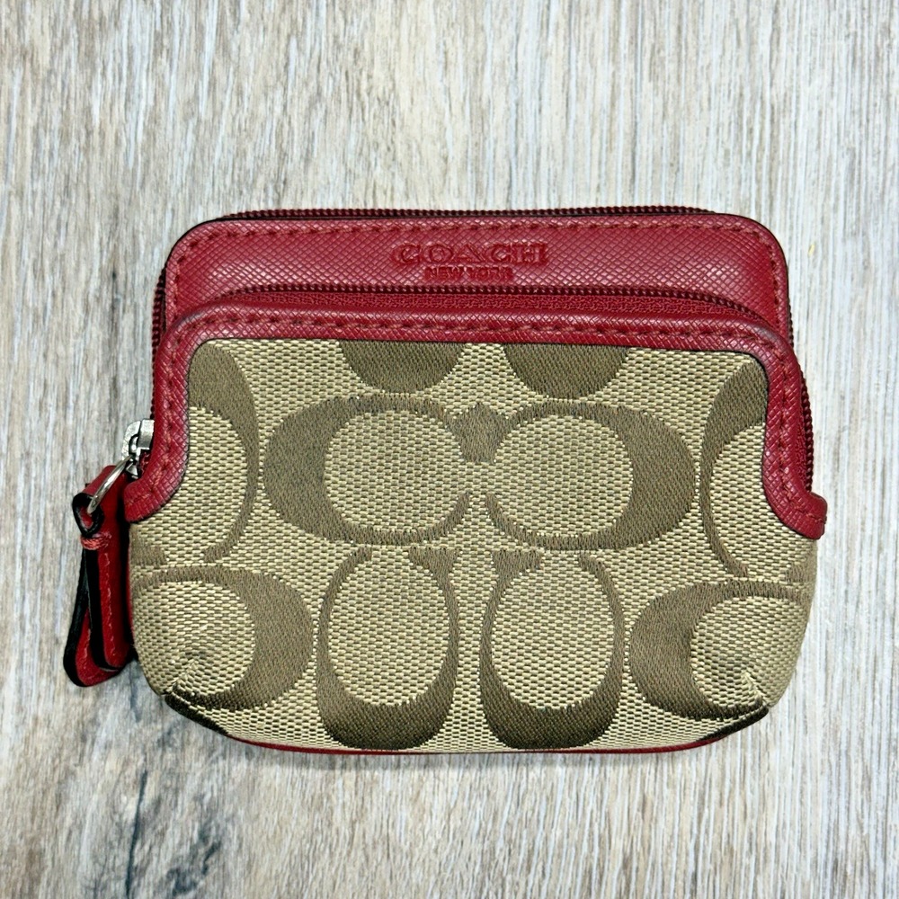 COACH Signature Canvas w/Red Saffiano Leather Double Zip Coin Purse Card Wallet